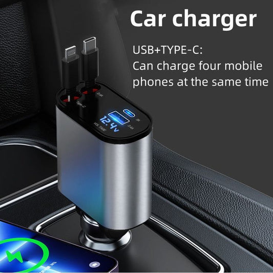 4 in1 Fast Charger 100W Retractable Car Charger Type C Cable For IPhone For Samsung Fast Charge Cord Cigarette Lighter Adapter